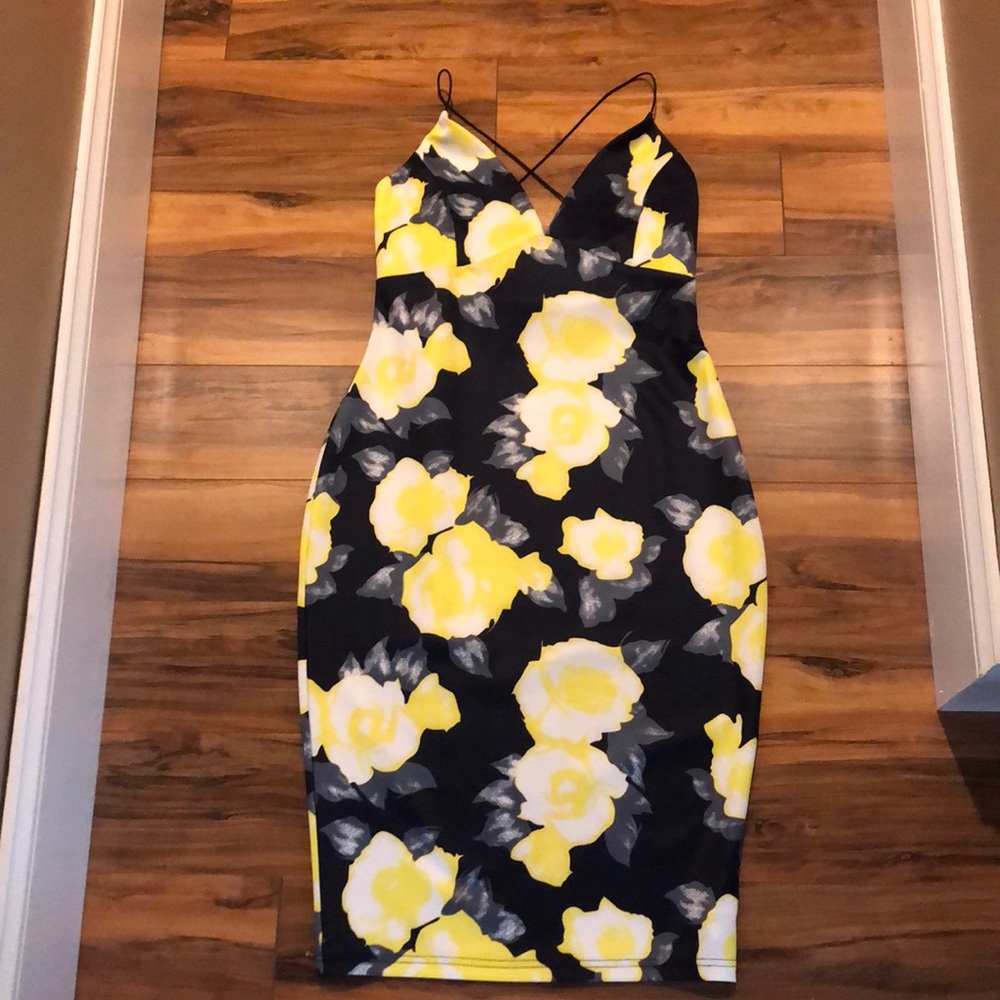 Navy & Yellow Floral Bodycon Dress